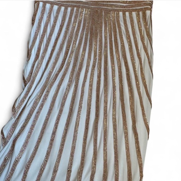 Jovani White Maxi with Gold Beaded Linear Accents - Picture 3 of 6